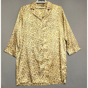 Valerie Stevens Nightgown Womens 1X Tan Brown Leopard Animal Print Button Front